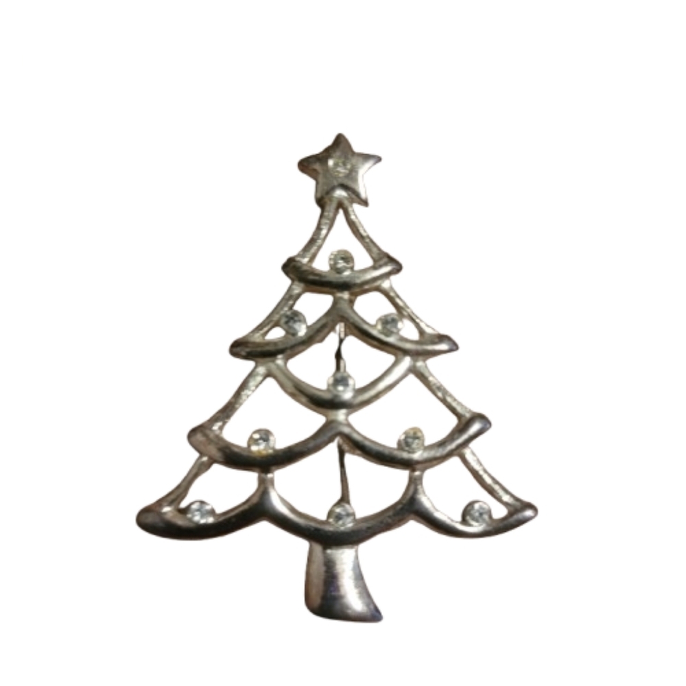 Christmas Tree Brooch Silvertone Vintage